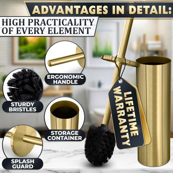 Gold Stainless Steel Toilet Brush and Holder Set Replaceable Head Dense Bristles - Picture 4 of 9
